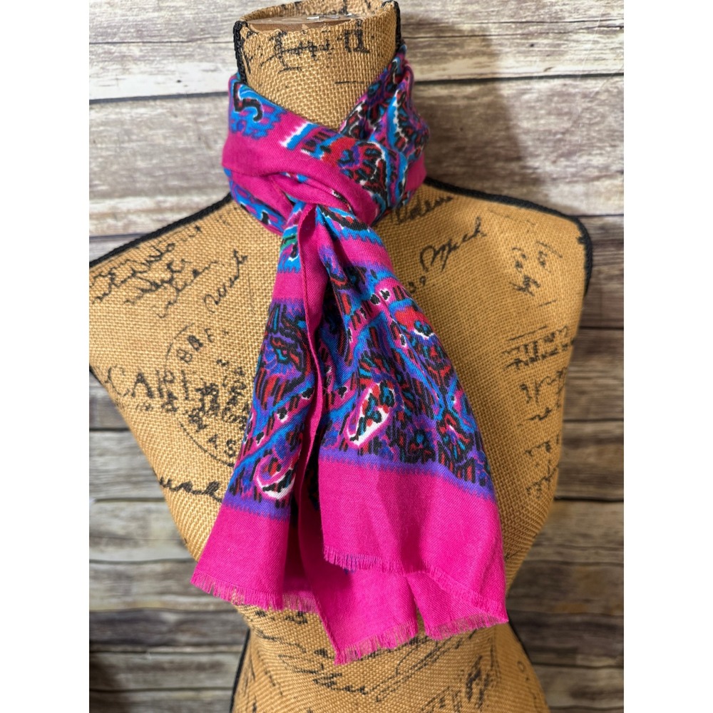 Pink Paisley Geometric Fringed Rectangular Scarf Blue Purple Boho Accessory